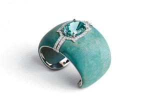 Oxidated copper and 18k white gold cuff with aquamarine and diamonds.