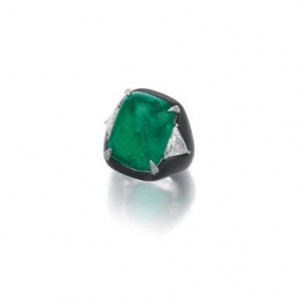 Emerald and diamond ring with sugarloaf emerald, triangular and brilliant-cut diamonds with detachable carbon fibre mount.