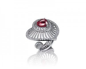 "Heart" ring in 18k white gold set with spectacular 4ct heart-shaped Burmese ruby and diamonds.