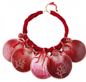 Venus necklace- Mediterranian corals, silk cord, shells, rubies set in 18k rose gold.