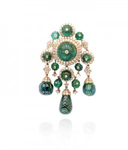 Indian necklace's part-brooch, 1970, yellow gold, carved emeralds, diamonds. In the former collection of Her Highness Princess Salimah Aga Khan.