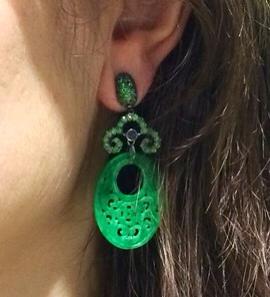 Sarkissian earrings with carved jadeite, amazonite, tsavorites, sapphires in blackened gold
