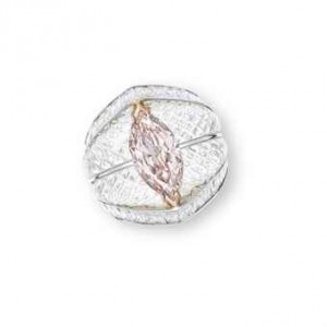 "Lotus" ring set in 18k white gold with 3,49 cts marquise -cut fancy brownish pink diamond, rock crystal shoulders and rectangular -shaped diamond borders.