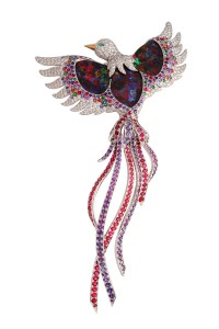 "Oiseau Paradis" brooch in 18k white gold with black opals, multicoloured sapphires and diamonds.