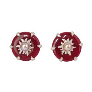 "Maintenon" earrings in 18k white gold with rubies, pearls,diamonds.