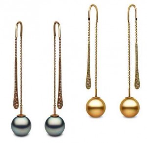 "Pendulum" earrings in 18k rose gold with 12-13mm Tahitian pearl and South Sea gold pearl.