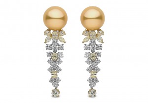 "Lumina" earrings from "Masterpiece" collection set in 18k white gold with diamonds and 15-16mm South Sea pearls.
