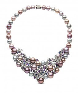 "Aphrodite" necklace-"Masterpiece" collection set in 18k black gold with diamonds,sapphires, pink sapphires, amethyst and 10-13mm natural colour Tahitian and Radiant Orchid Freshwater pearls.