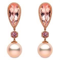 "Calypso" earrings set in 18k yellow gold with 14-15mm South Sea pearls, diamonds, morganites, pink sapphires.