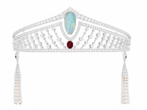 Chaumet tiara in platinum diamonds set with cabochon -cut white opal and Burmese pigeon's blood ruby. Pendants in platinum, diamonds, cultured pearls and rubies. The pendants can be attached to the back or front of the tiara or detached and worn as earrings.