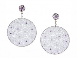 "Zen Garden" earrings set in 18k rose gold and titanium with carved jades, purple sapphires and diamonds.