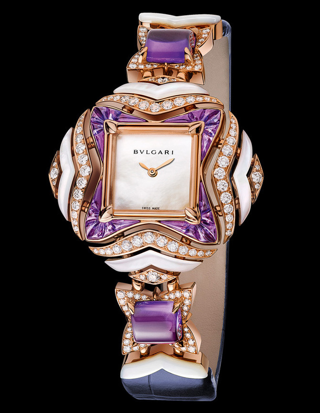 Geometrie's of Time timepieces- 4 unique versions in 18k white, rose gold with corals and amethysts, mother-of-pearl and diamonds, emeralds and turquoises, sapphires and rubellites.
