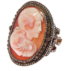 "Cameo" ring set in 18k rhodium plated white gold with a 16th century agate cameo, rubies and diamonds.