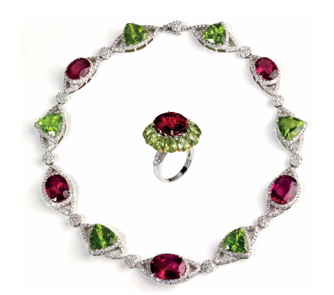 Cassetti necklace and ring set in white gold with rubellites and peridots and diamonds