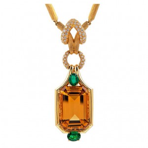 Henry Dunay Citrine Emerald necklace in 18k yellow gold-"Sabi" technique with diamonds.