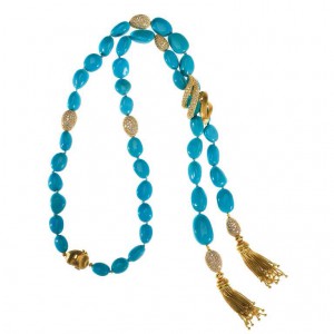 Henry Dunay necklace-sautoir set in 18k yellow gold with turquoise beads, gold tassels, diamonds.