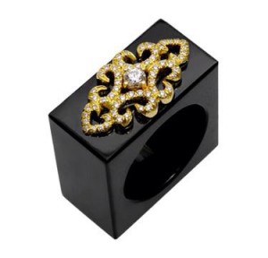 Henry Dunay black jade ring with diamonds in 18k yellow gold.