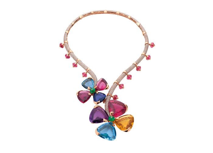 Secret Garden necklace in yellow gold with 1 fancy shaped tourmaline (47.29 ct), 1 fancy shaped blue topaz (59.39 ct), 2 fancy shaped rubellites (32.01 ct), 1 fancy shaped tanzanite (18.76 ct), 1 fancy shaped citrine (44.05 ct), 1 fancy shaped amethyst (44.75 ct), 1 fancy shaped aquamarine (14.63 ct), 2 round shaped emerald beads (5.70 ct), 10 round shaped rubellites beads (30.30 ct) and pavé diamonds.