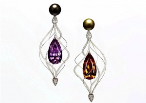"Sissi" earrings set in 18k white gold and titanium with imperial topaz, kunzite, Tahitian pearl, gold pearl and diamonds.