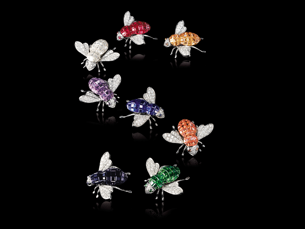 Emblematic Bee brooches set in white gold with precious and semiprecious stones and diamonds