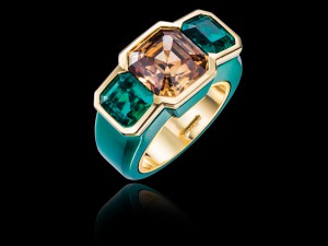 Fancy brown diamond, emeralds ring set in yellow gold and coloured steel -High Jewellery collection