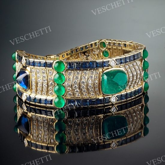 Oriente bracelet set with 11,86ct Colombian emerald cabochon, 12,50ct sugarloaf Ceylon sapphires, sapphires, emeralds, brilliant-cut diamonds