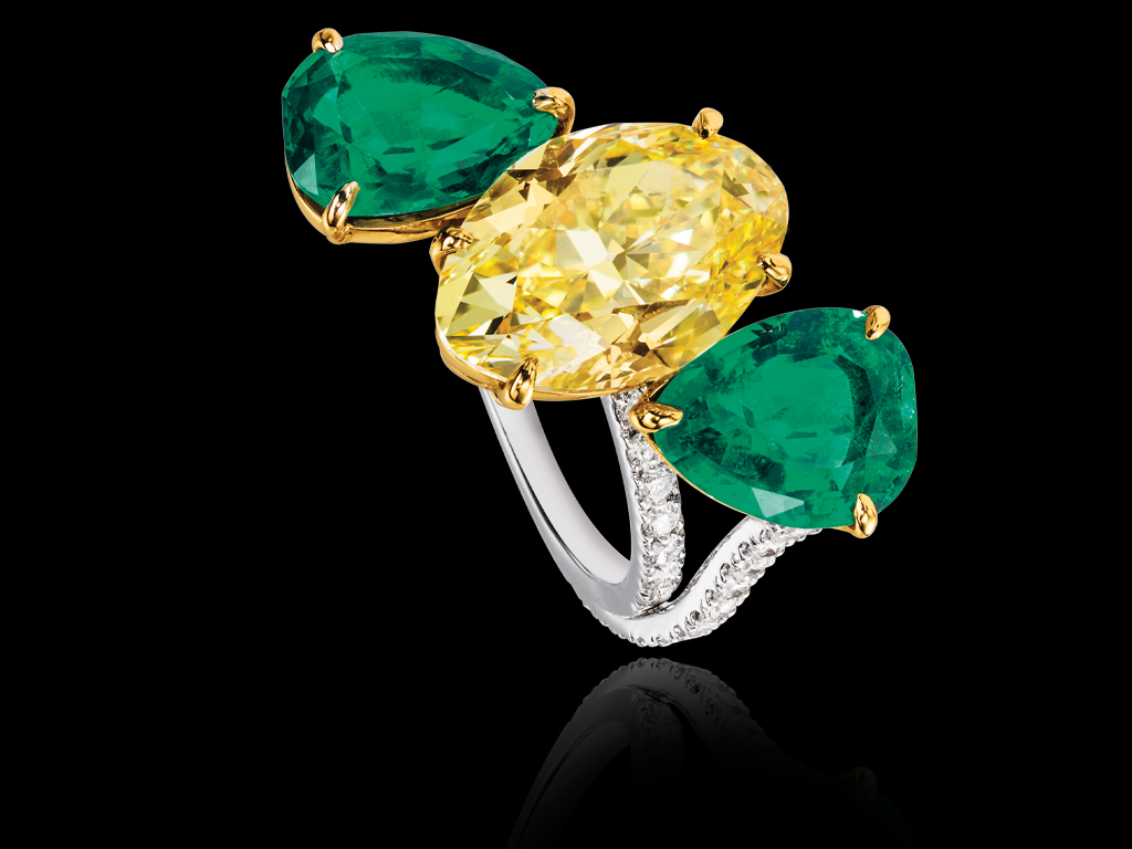 Fancy vivid yellow oval diamond with pear-shaped emeralds, High Jewellery collection