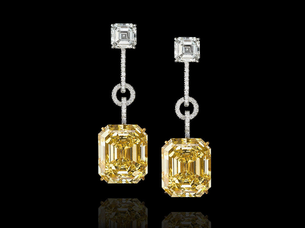 Fancy Intense yellow emerald -cut diamonds earrings, High Jewellery collection