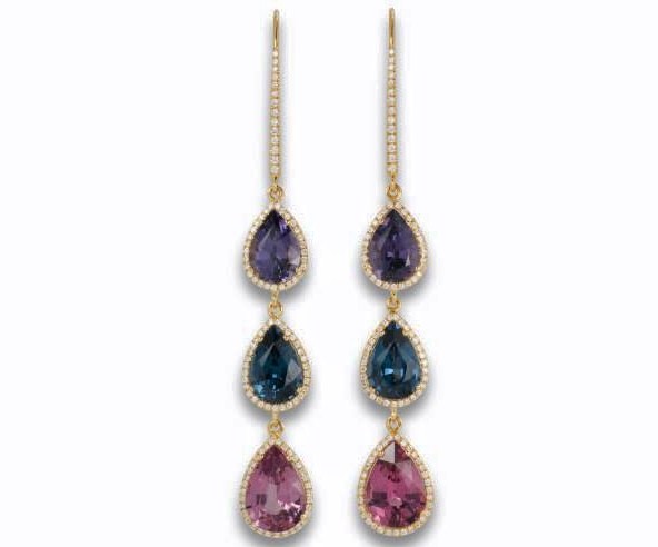 Tenzo dlue, cobalt, violet spinels earrings with diamonds set in yellow gold