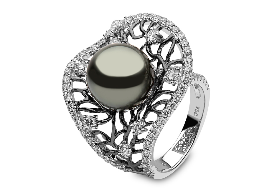 "Twilight" ring in 18k white and black gold with 12-13mm Tahitian pearls and diamonds.