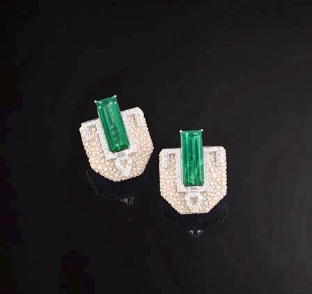 Galuchat bracelet and earrings -green tourmalines, diamonds set in 18k white gold.