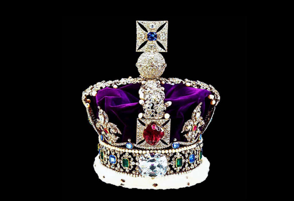 The Black Prince's "Ruby"-actually a 170ct spinel was worn by King Henry V during the Battle of Azincourt in 1415. The Imperial State Crown in its current form mounted with Black Prince's Ruby in the main regalia