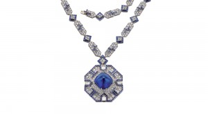 Sautoir set in platinum with impressive sugarloaf sapphire and diamonds, 1969. In the former collection of Elizabeth Taylor. Bulgari Heritage Collection.