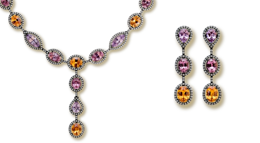 Spinel necklace and earrings with diamonds set in blackened gold