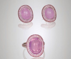 Lilac and Padparadsha spinels ring and earrings set in grey gold