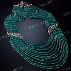 Veschetti The Collection necklace set with 12 strands of tourmaline Paraiba beads up to 200cts, sapphires and brilliant-cut diamonds