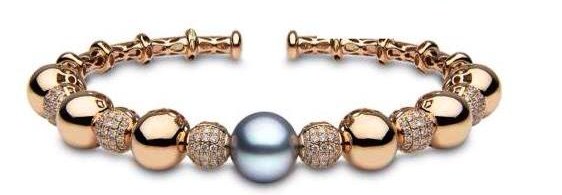 "Blue Rose" bangle set in 18k rose gold with 13-14mm Tahitian pearls and diamonds.