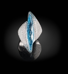 Captured stones ring set in white gold with marquise cut acquamarine and diamond pave, Palmiero Jewellery Design