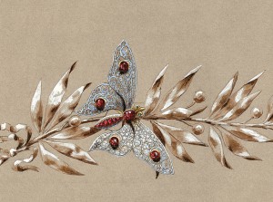 Preparatory sketch of a butterfly and laurel branch stomacher brooch Preparatory sketch of a butterfly and laurel branch stomacher brooch, Chaumet 1900