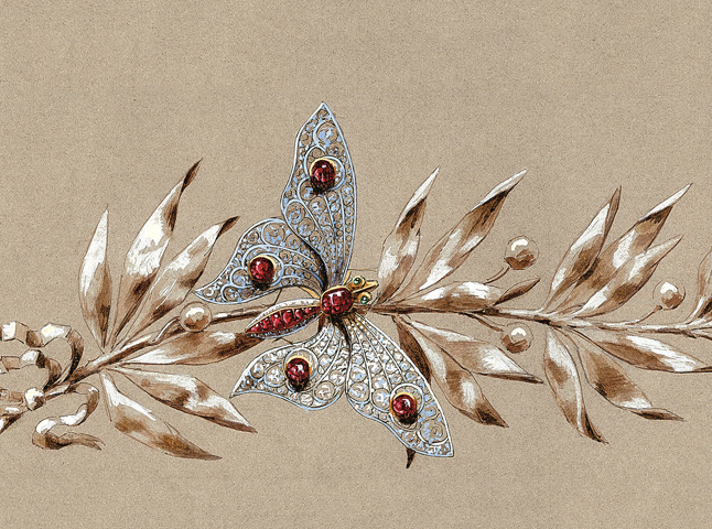 Preparatory sketch of a butterfly and laurel branch stomacher brooch, Chaumet