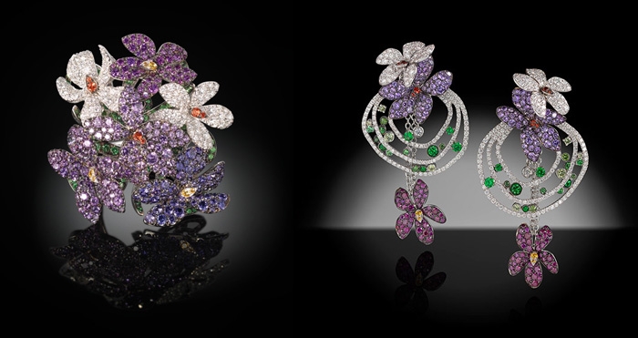 Violette ring and earrings set in white gold with coloured sapphires, tsavorites, diamonds, Palmiero Jewellery Design
