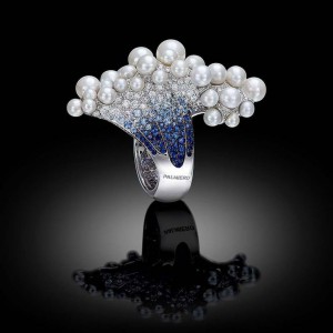Ring set in white gold with peals and blue sapphires , diamonds. from Underwater Underwater world collection , Palmiero Jewellery Design