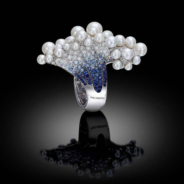 Ring set in white gold with peals and blue sapphires , diamonds. from Underwater Underwater world collection , Palmiero Jewellery Design