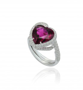 Heartbeat ring set in white gold with heart-shaped rubellite and diamonds, Margherita Burgener