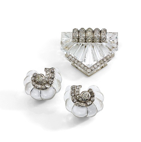Carved rock crystal and diamond brooch and earrings, Suzanne Belperron, 1935