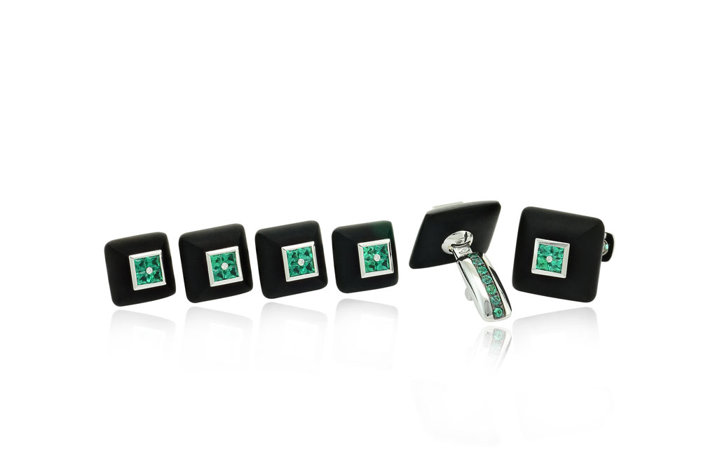 Jet Jet cufflinks and buttons set in white gold, emeralds, jet and diamonds, Margherita Burgener
