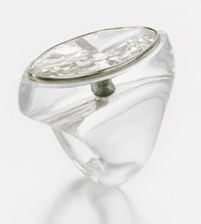 Carved rock crystal ring inset with large navette diamond, Suzanne Belperron, 1932-1955. Sold for 464,500 CHF at Sotheby's in Geneva.
