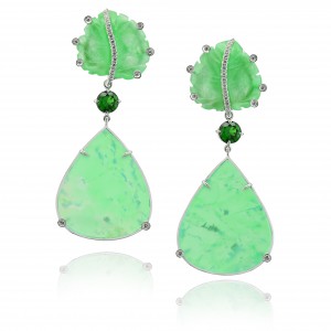 Gogreen earrings set in white gold with carved jade, chrysoprase, chrome dyopside and diamonds, Margherita Burgener