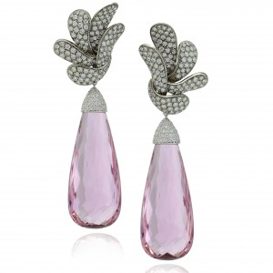 Eloisia earrings set with white gold and titanium with briolette cut kunzite of 157,53cts and diamonds, Margherita Burgener