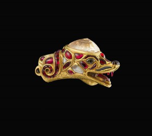 Ornament in the Shape of a Makara Head, Gold; inlaid with diamonds, rubies, and yellow sapphire, 1775–1825, South India, Mysore or Tanjore. The Al-Thani Collection.